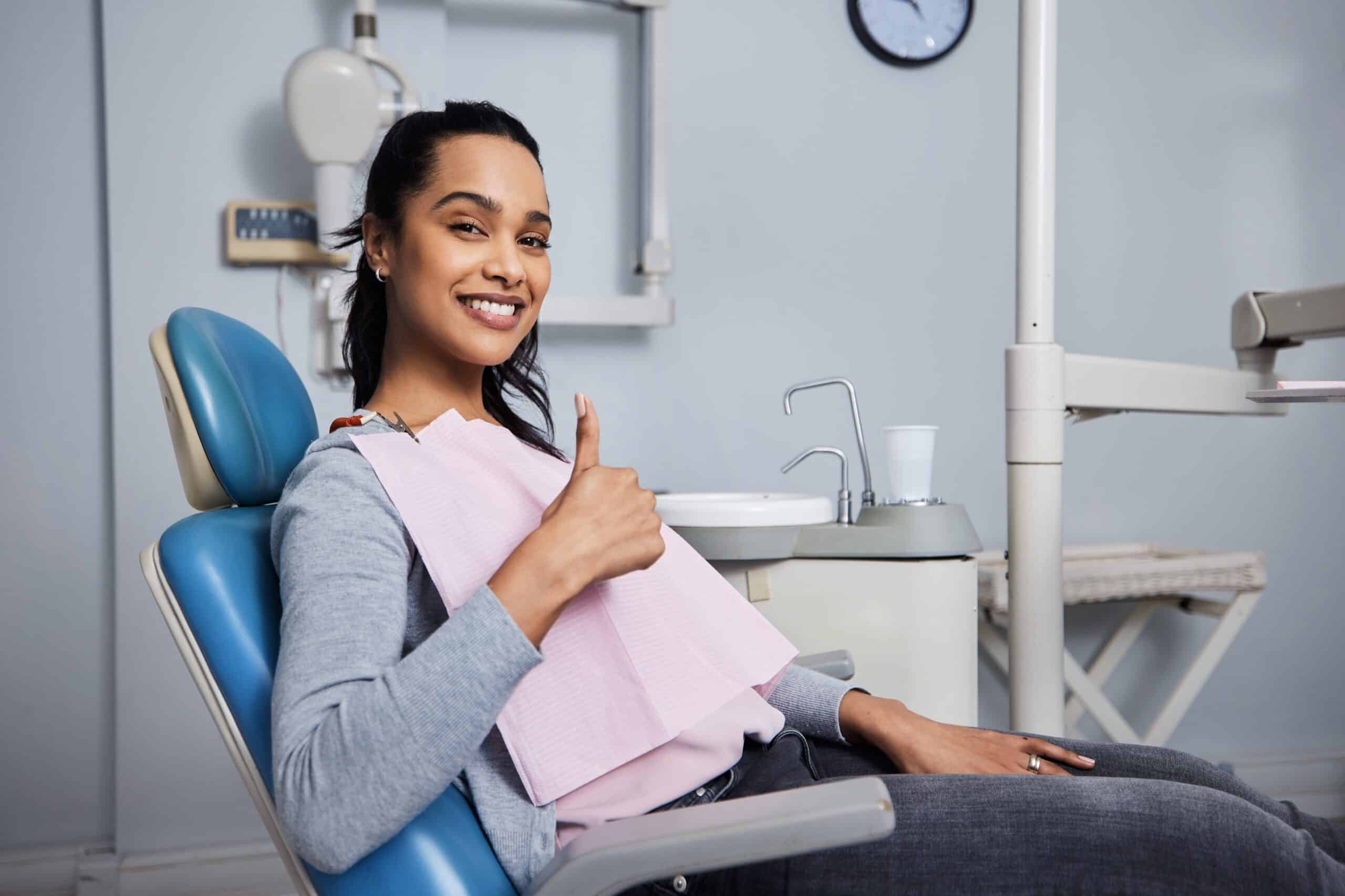 Thumbs,Up,,Portrait,And,Woman,At,Dentist,In,Chair,For